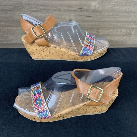 American Eagle Womens Sandals Size 6 Ankle Strap Wedge Heels Open Toe Brown - Picture 2 of 10